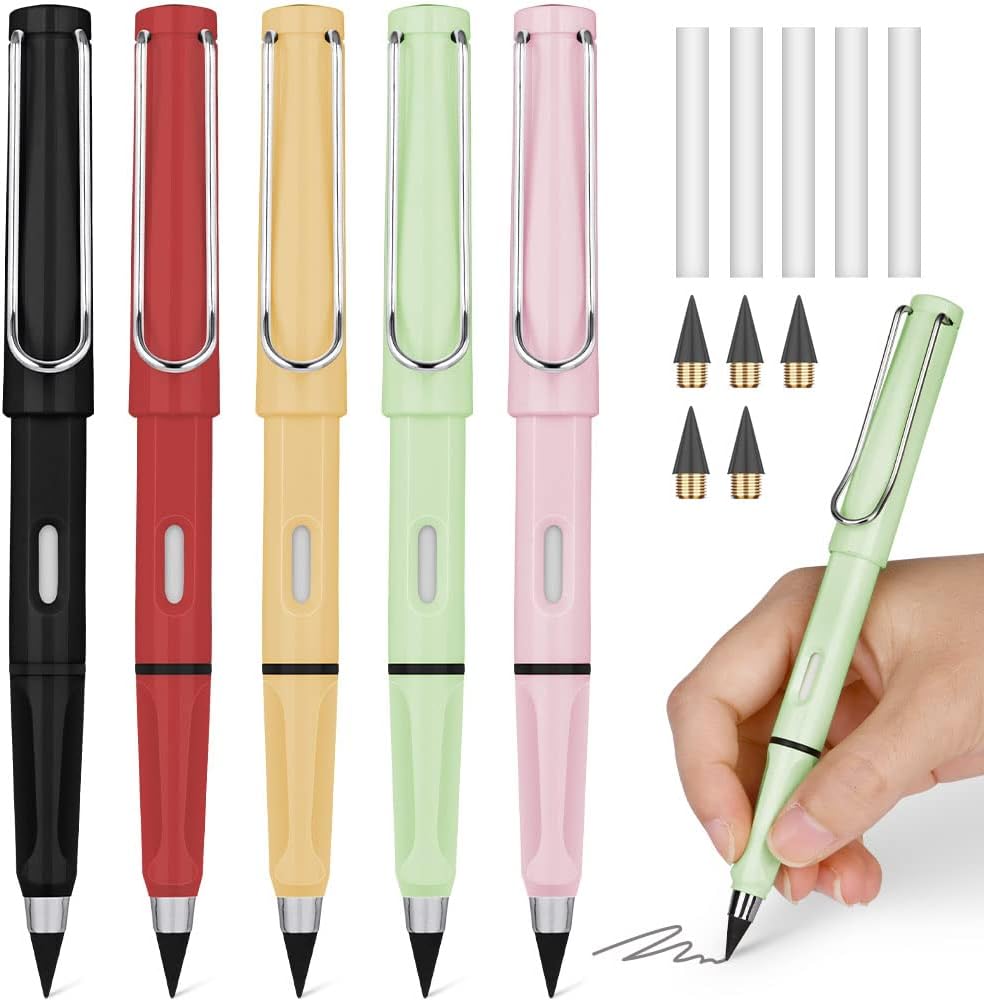 Inkless Pencil with Eraser, 5 Sets - Everlasting, Reusable, with Extra 5 Erasers & 5 Replaceable Nibs - Ideal for Home, Office, School, Writing, and Drawing